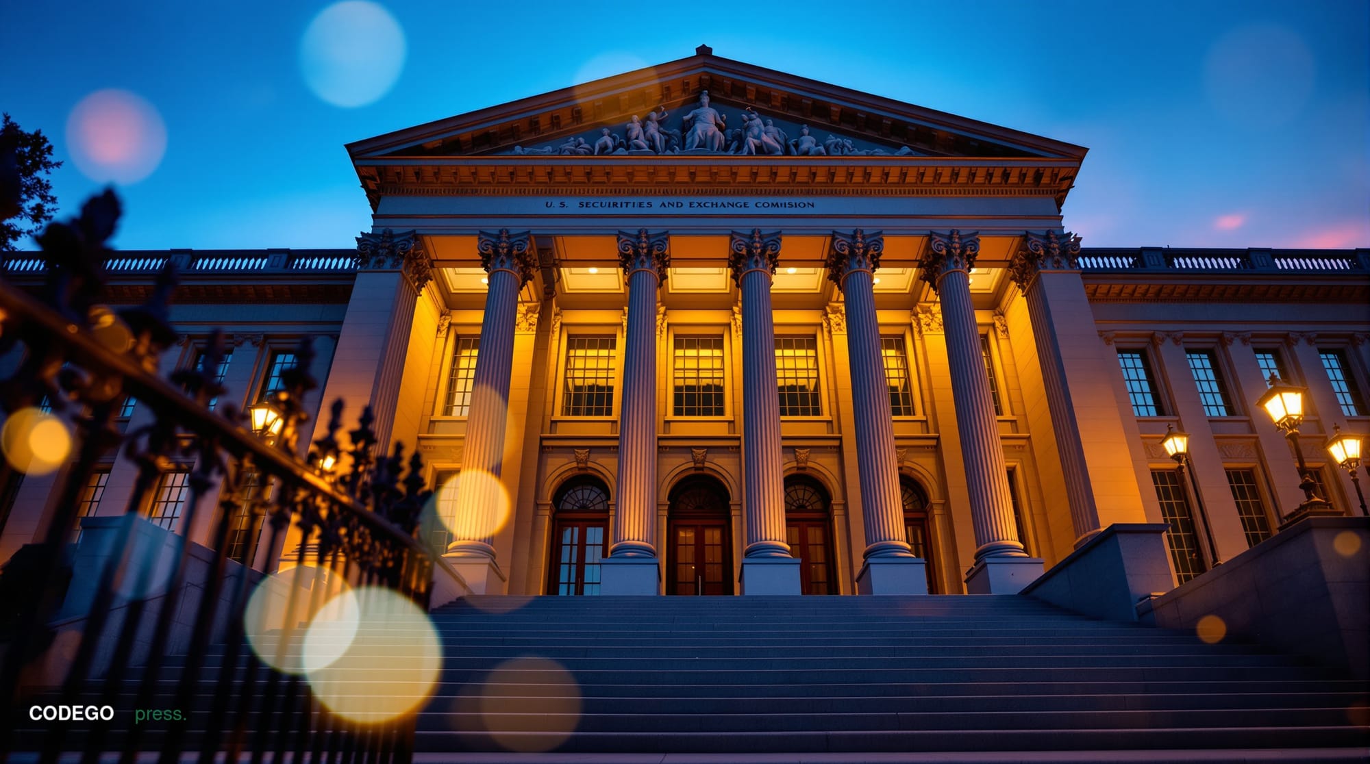 A wide-angle cinematic shot of the exterior of the U.S. Securities and Exchange Commission headquarters building in Washingto