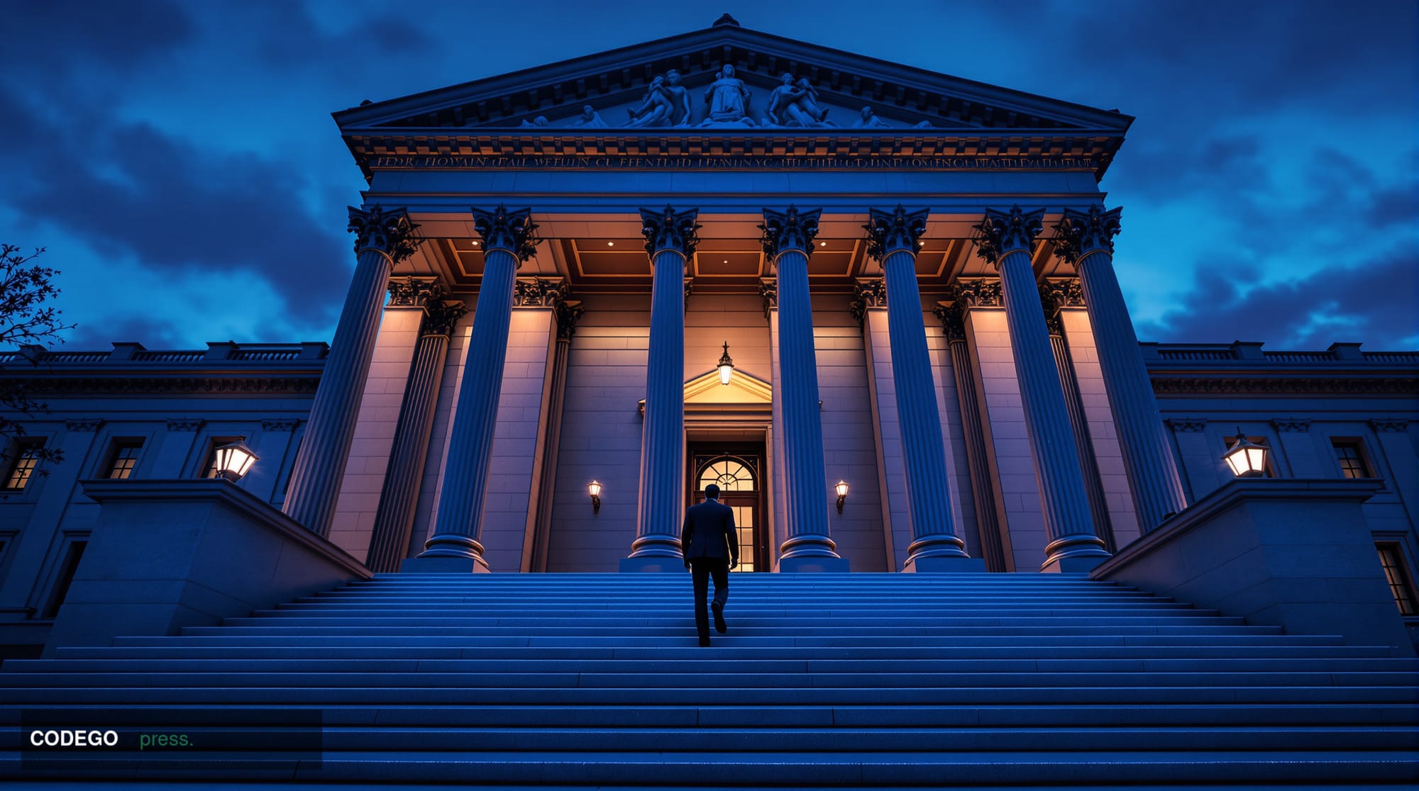 A grand neoclassical government financial regulatory building exterior — modeled on the SEC's Washington D.C. headquarters — 