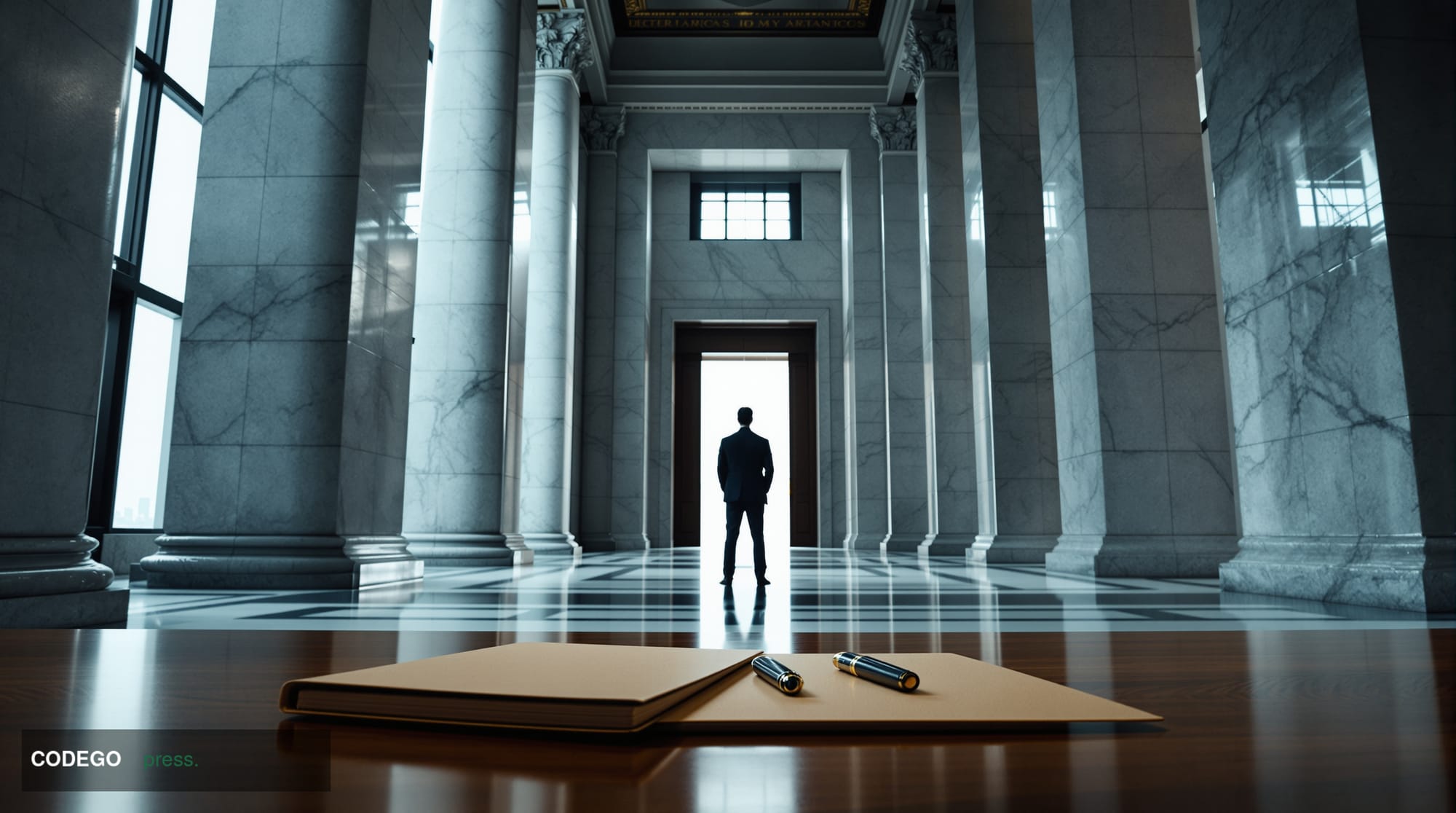 A dramatic cinematic editorial photograph set inside a minimalist federal courthouse corridor in New York City, shot from a l