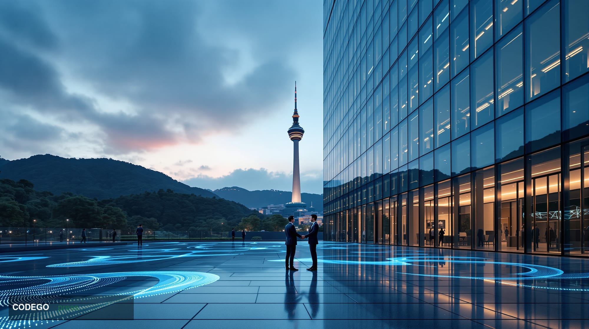 A cinematic editorial photograph depicting a sleek, modern glass-and-steel corporate campus in Seoul, South Korea, at dusk, w