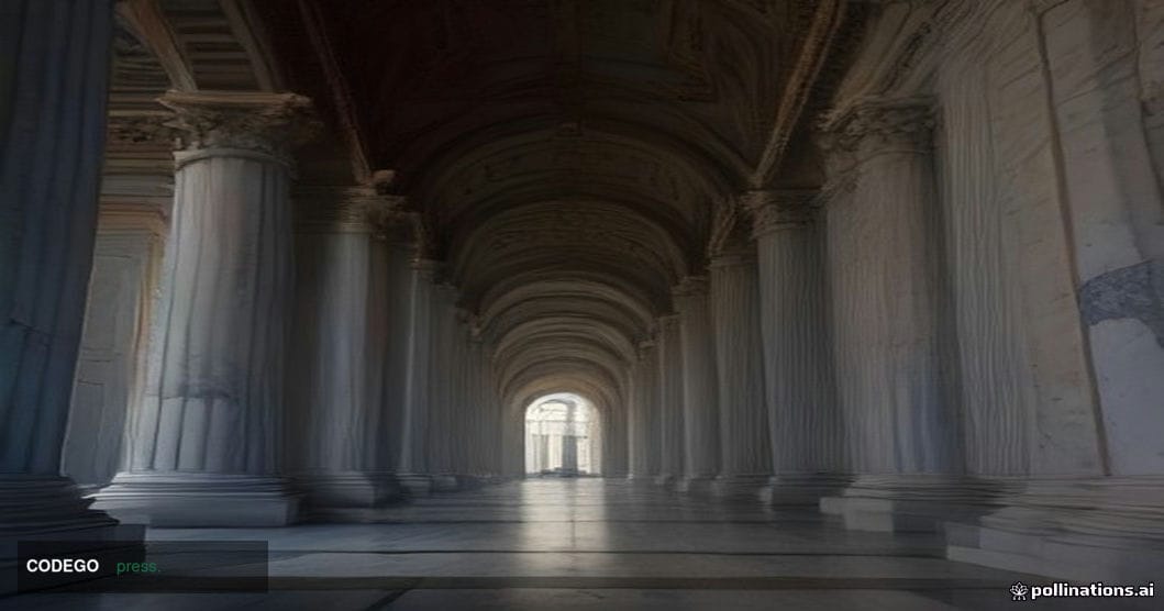 A cinematic editorial photograph taken from a low angle looking up at the grand neoclassical marble columns of the United Sta