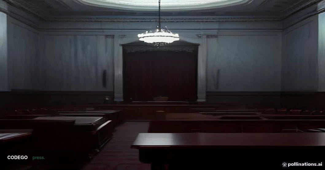 A dramatic cinematic editorial photograph set inside a grand United States Senate hearing chamber, captured from a low-angle 