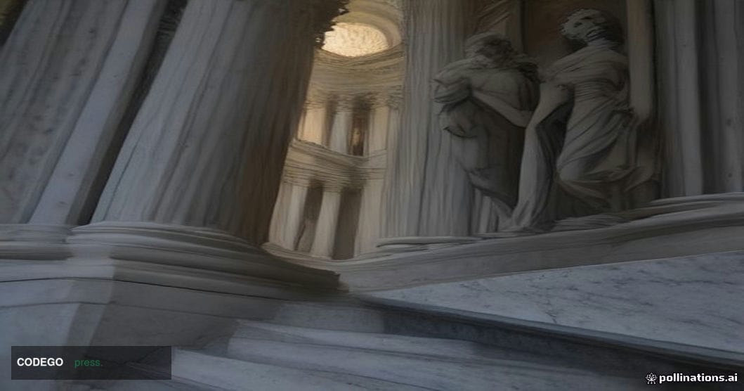 A dramatic cinematic editorial photograph taken from a low angle looking up at the neoclassical marble columns and stone faca