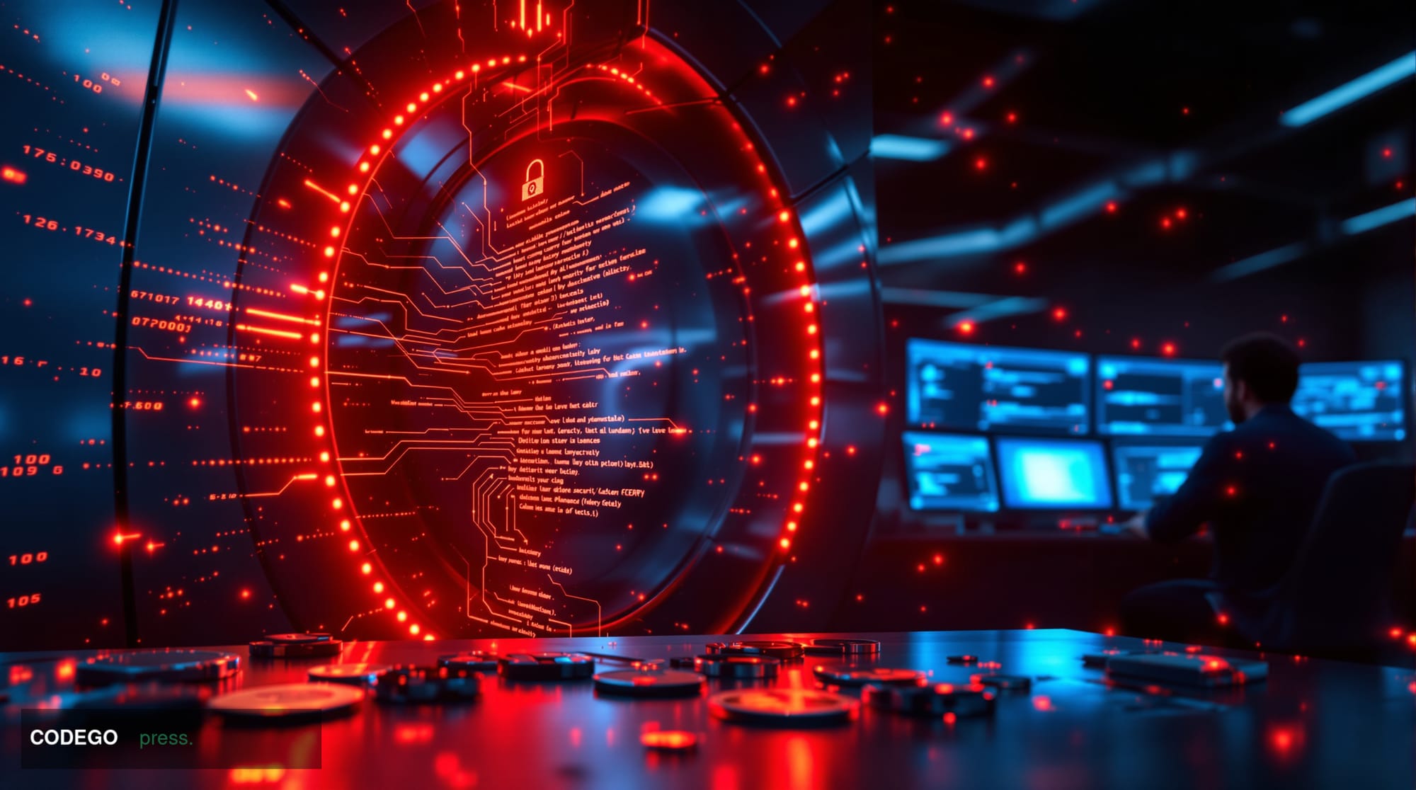 # Image Prompt:

A dramatic close-up of a high-security digital vault door with glowing red warning lights, partially ajar wi