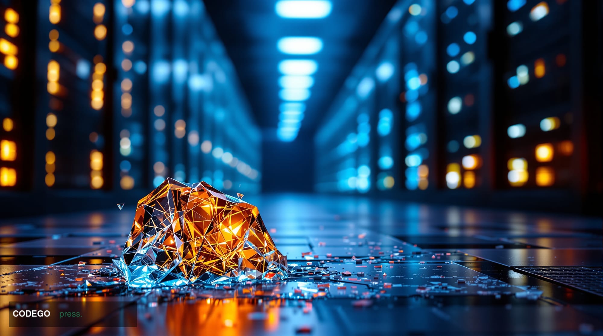 A dramatic cinematic editorial photograph set inside a dimly lit, high-security cryptocurrency exchange server vault, bathed 