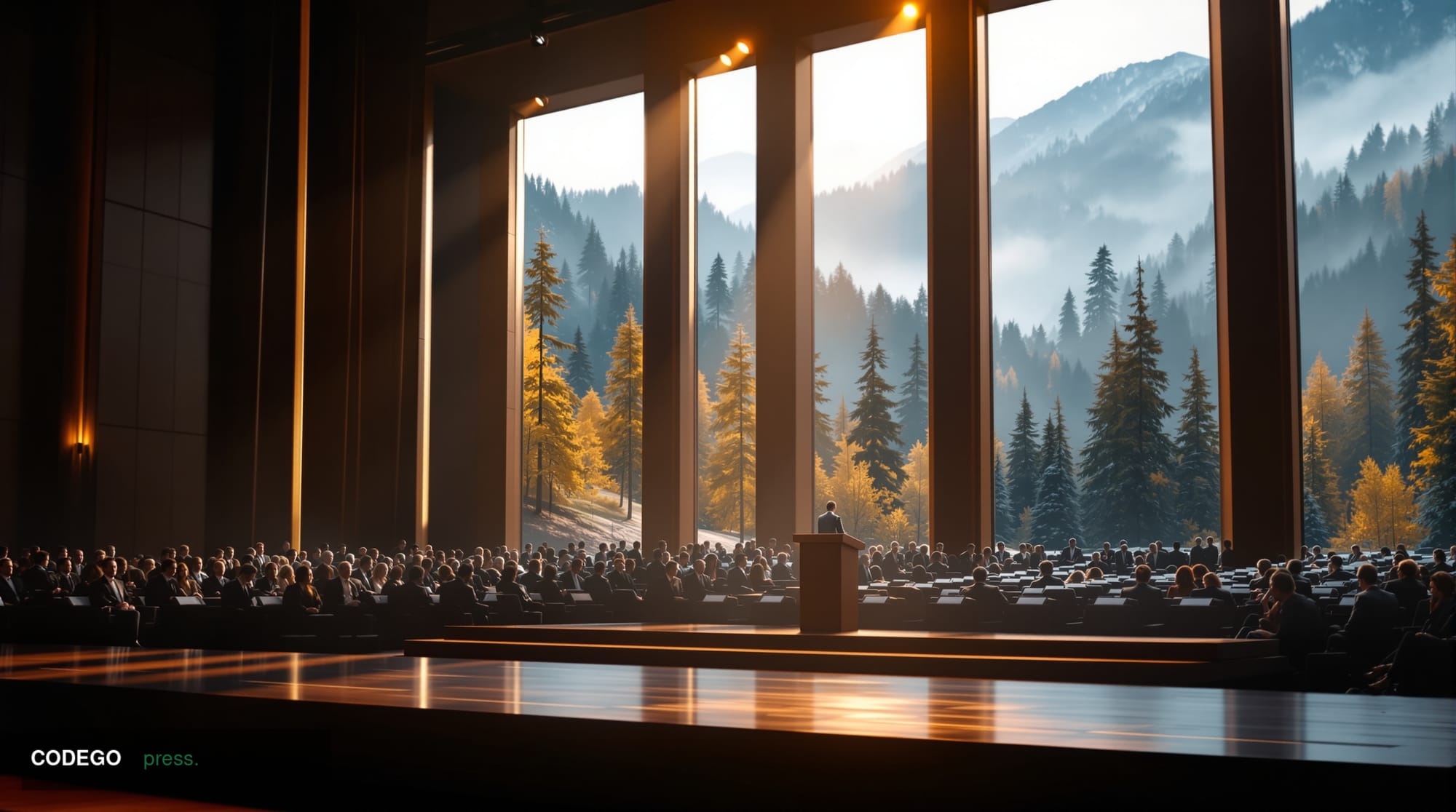 A cinematic editorial photograph of a grand European conference hall interior in the Serbian mountain resort town of Zlatibor