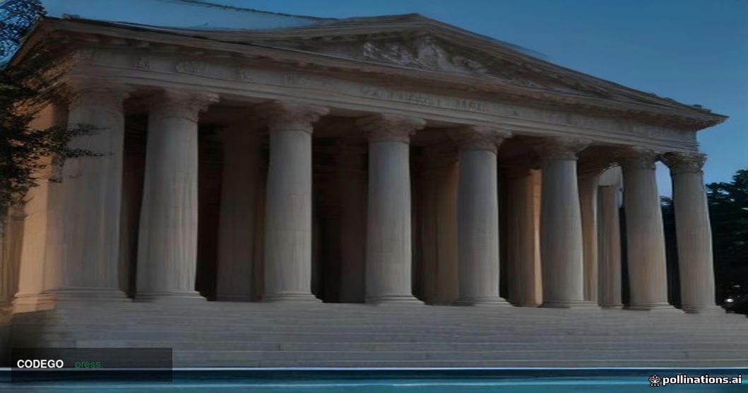A cinematic editorial photograph of a grand neoclassical federal bank building exterior — modeled on the architecture of a Wa
