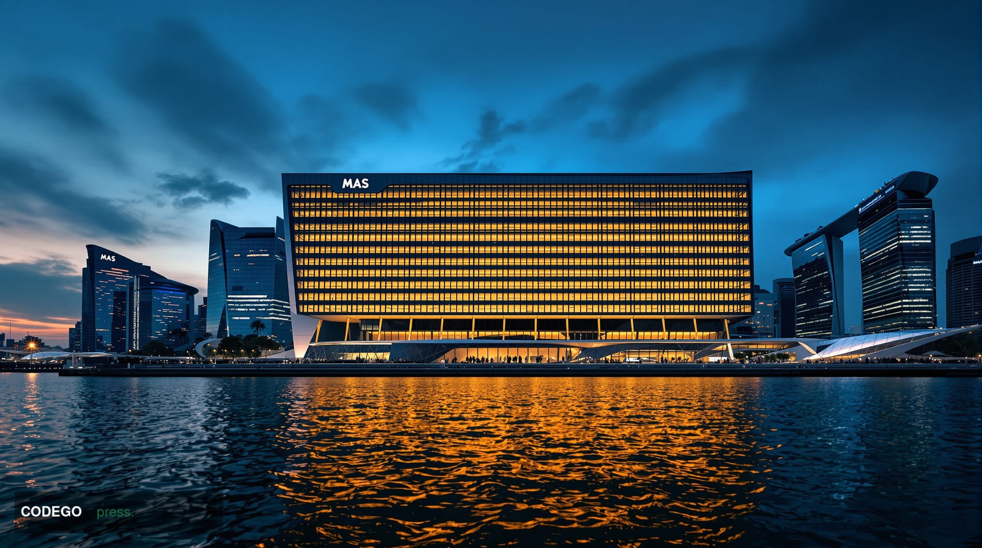 A dramatic wide-angle cinematic photograph of the Monetary Authority of Singapore's imposing headquarters building along the 
