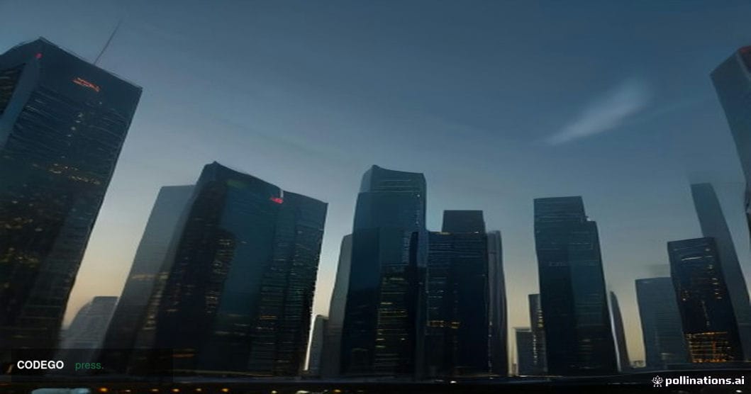 A cinematic editorial photograph of Singapore's central financial district at dusk, with the iconic Marina Bay skyline reflec