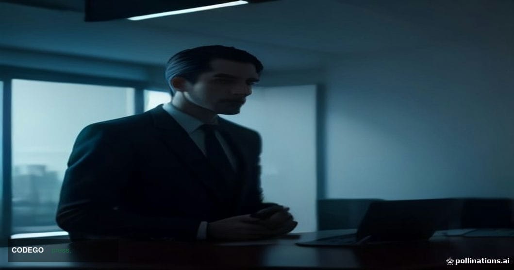 A lone senior bank professional in a tailored dark suit sits at a glass-topped desk in a dimly lit, upscale financial office 