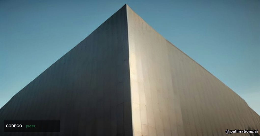 A photorealistic editorial photograph shot at a low angle looking up at a sleek modern American bank headquarters building wi