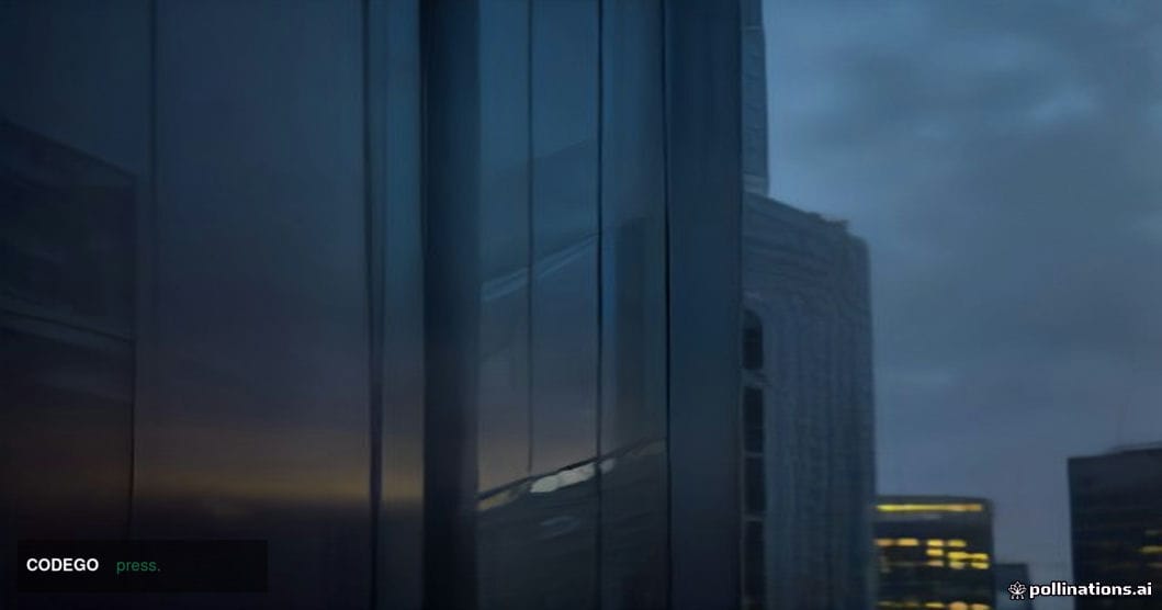 A cinematic editorial photograph shot from a low angle looking up at a sleek, modern American bank branch exterior — glass cu