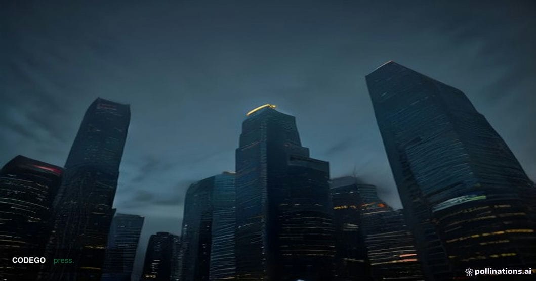 A cinematic editorial photograph of a gleaming Singapore financial district skyline at dusk, shot from a low angle looking up