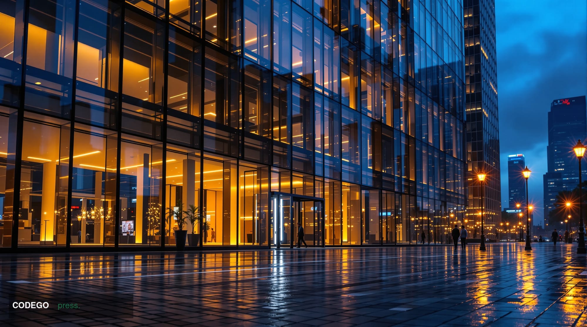 A dramatic wide-angle cinematic editorial photograph taken at the glass-and-steel exterior of a major London financial distri