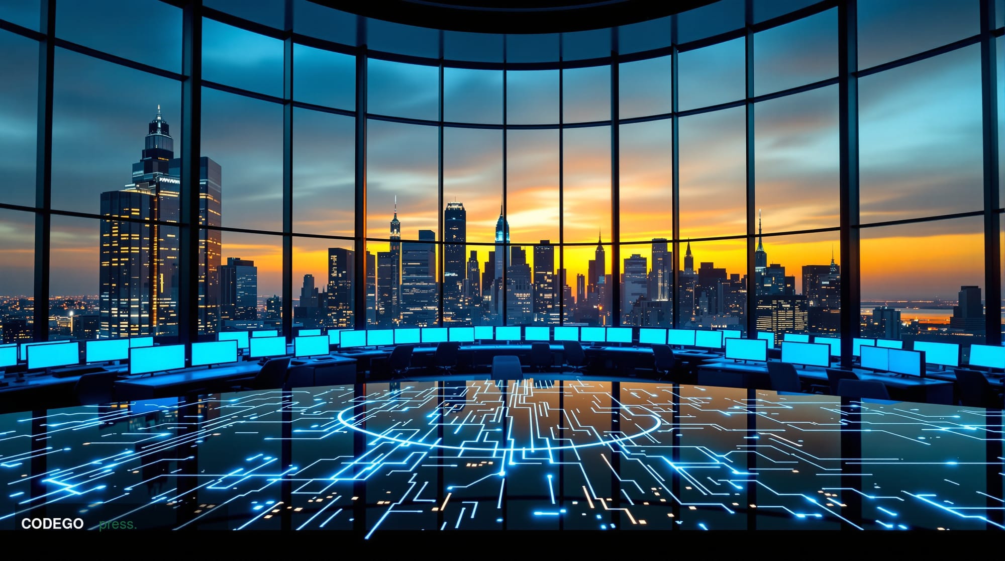 A sleek, ultra-modern financial trading operations center viewed from a low cinematic angle, with curved rows of dark worksta