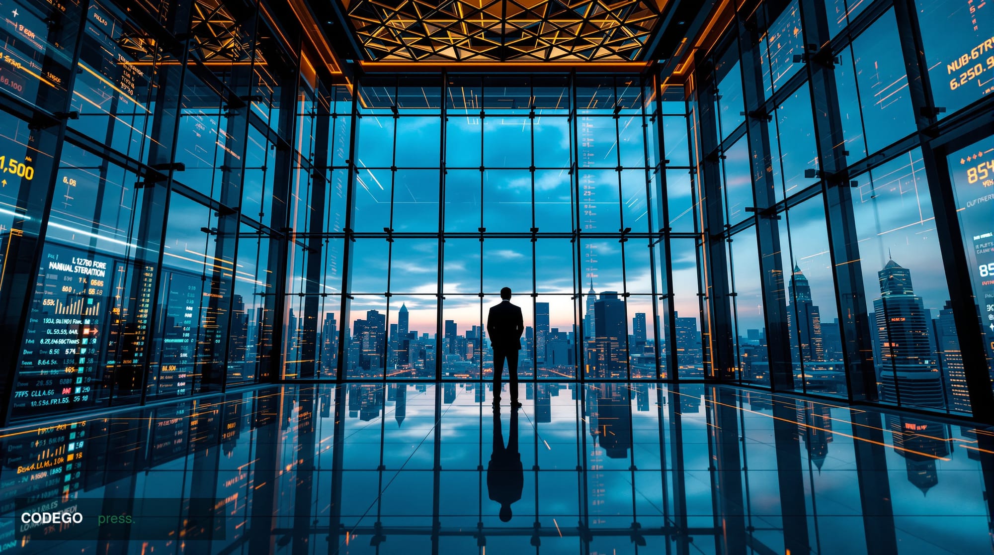A dramatic cinematic editorial photograph of a futuristic financial trading environment interior, shot from a low angle looki