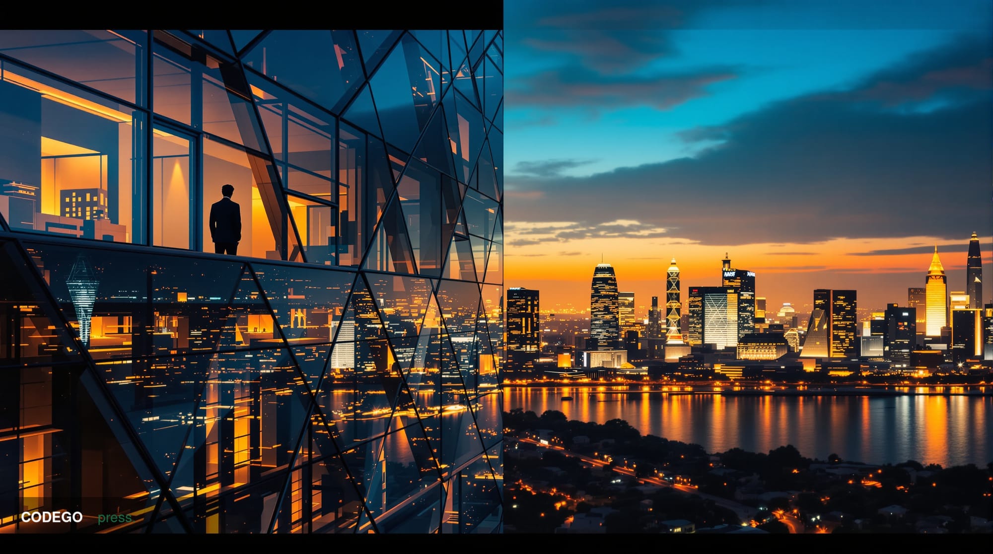 A cinematic editorial photograph of the Seoul skyline at dusk, dominated by the glass and steel towers of Yeouido financial d