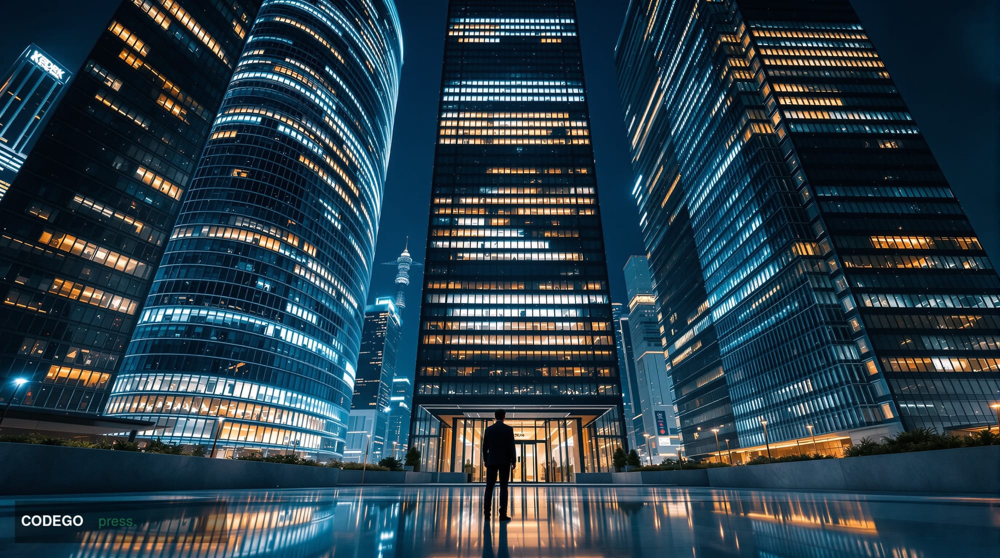A dramatic cinematic editorial photograph set at night in Seoul's Yeouido financial district — South Korea's equivalent of Wa