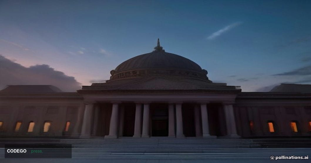 A dramatic low-angle shot of the South Korean National Assembly building in Yeouido, Seoul, captured at dusk with its iconic 