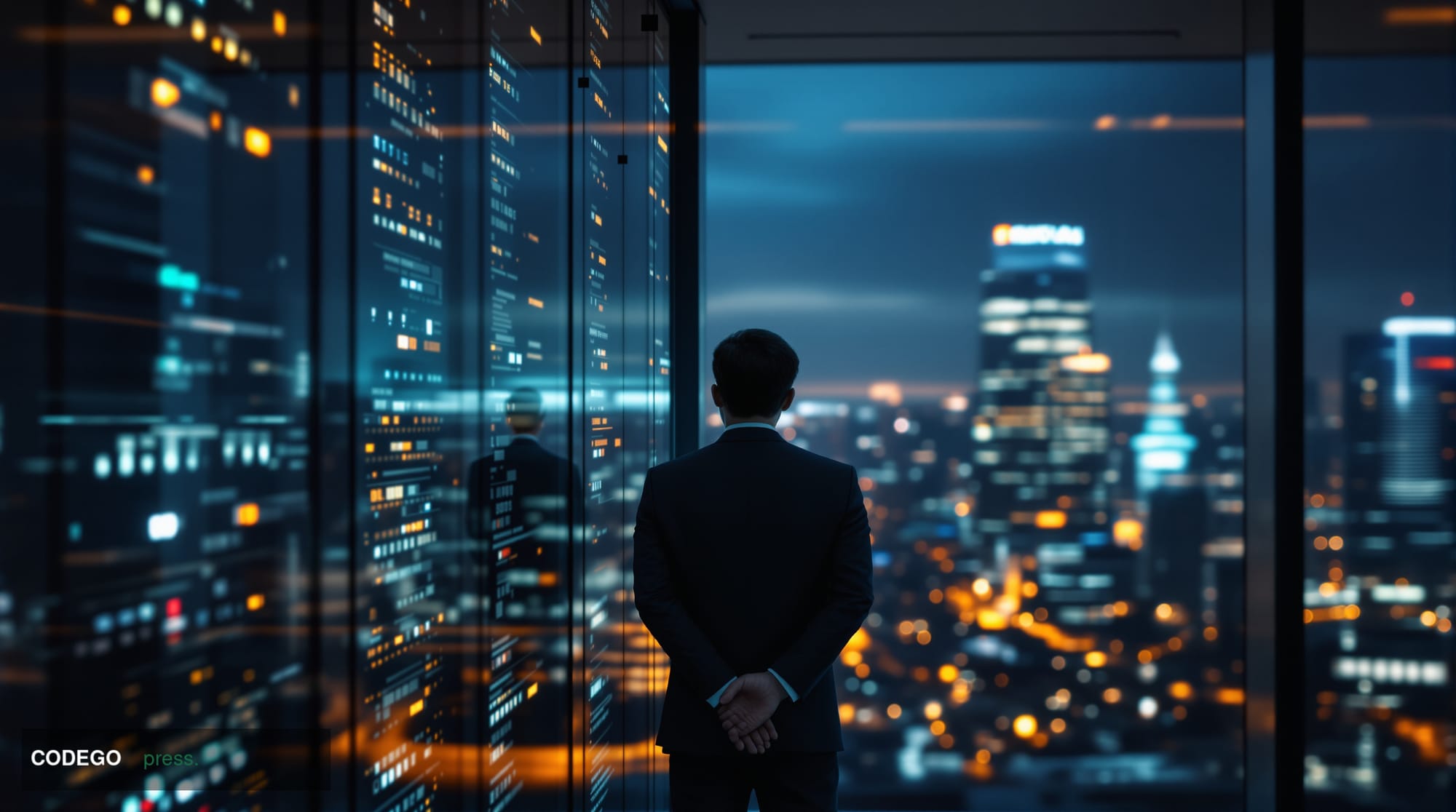 A cinematic editorial photograph set in Seoul's Yeouido financial district at dusk, the iconic skyline of glass tower facades