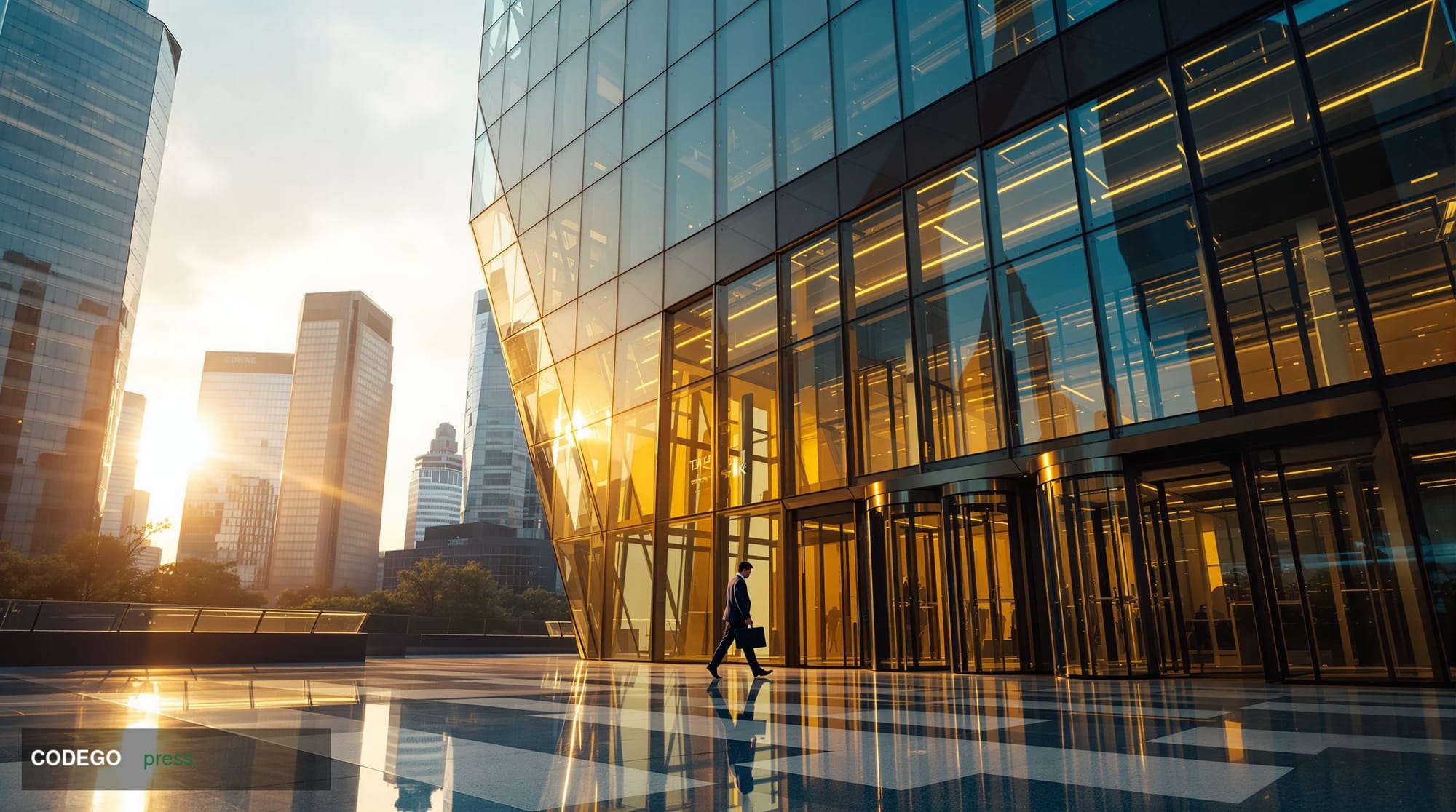 A dramatic cinematic editorial photograph taken at ground level looking up at the gleaming glass-and-steel facade of a modern