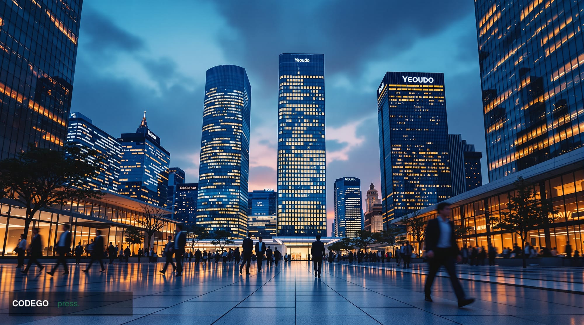 A dramatic photorealistic editorial photograph set in Seoul's Yeouido financial district at dusk, South Korea's Wall Street, 