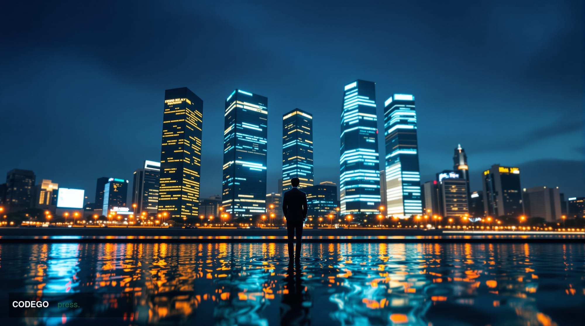 A dramatic cinematic editorial photograph of Seoul's Yeouido financial district at dusk, the iconic glassy towers of the Kore