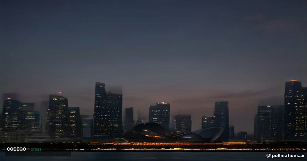A cinematic editorial photograph capturing the skyline of Singapore's Central Business District at dusk, viewed from the wate