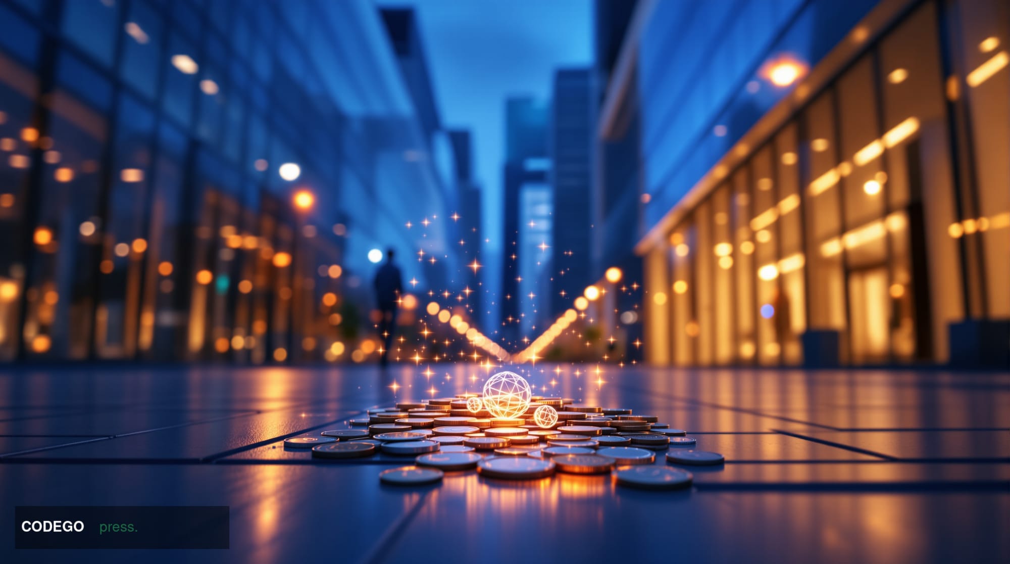 A cinematic editorial photograph shot at ground level looking upward along a sleek glass-and-steel financial district corrido