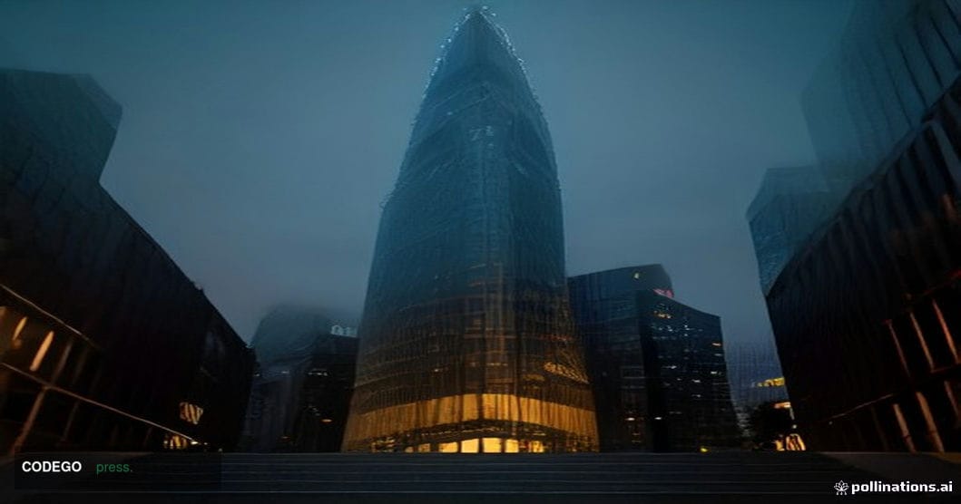 A cinematic editorial photograph of a grand international banking headquarters exterior — a towering glass-and-steel tower in