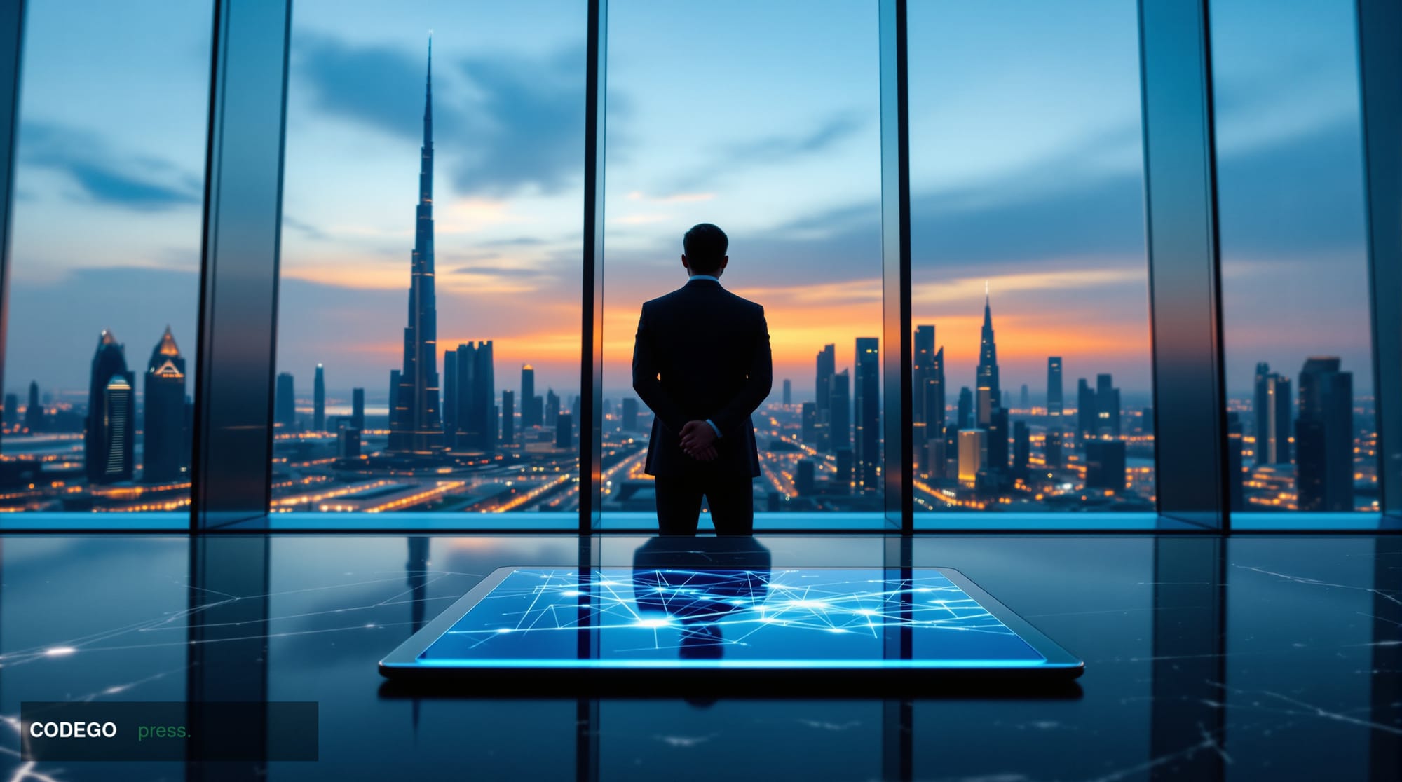 A cinematic editorial photograph of a sleek, modern private banking office interior in Dubai, with floor-to-ceiling glass win