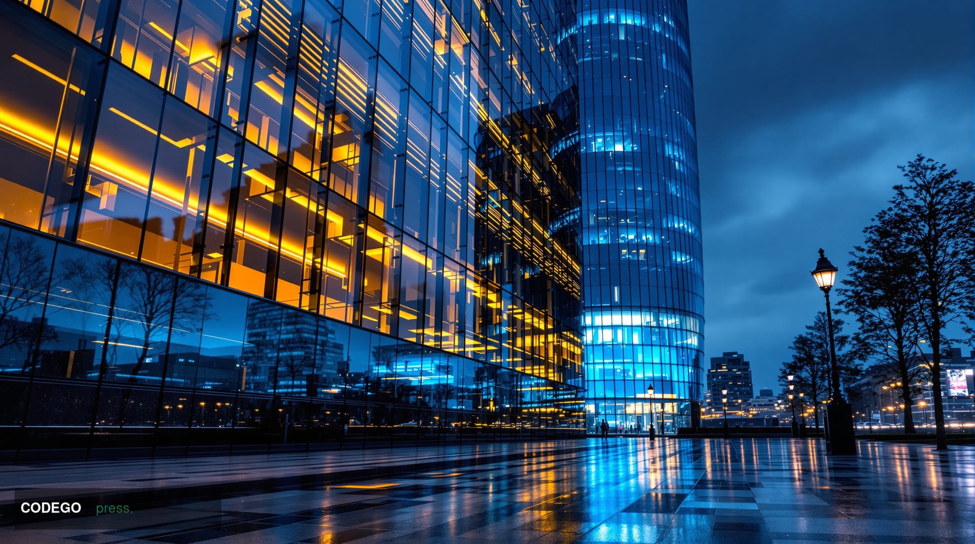 A sleek, monumental glass-and-steel banking tower in London's Canary Wharf financial district photographed at dusk from a low