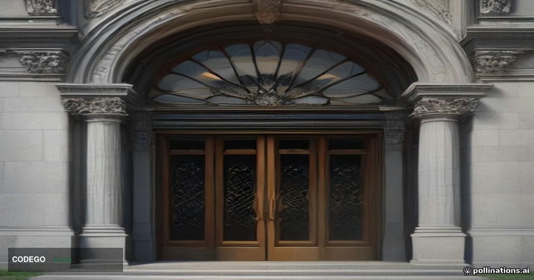 A cinematic editorial photograph of a grand European-style banking institution exterior, rendered in cool steel-blue and warm