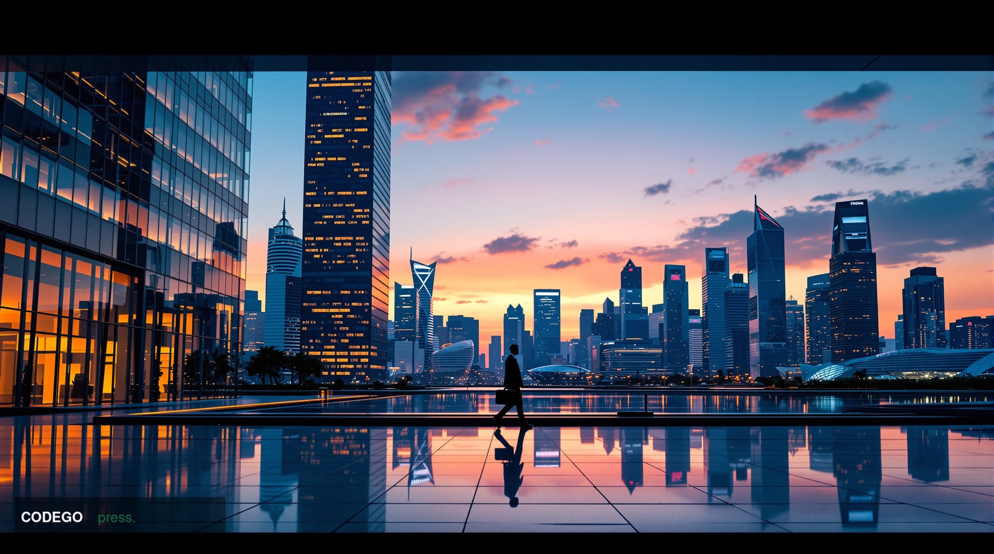 A photorealistic cinematic editorial photograph of the Singapore central business district waterfront at dusk, shot from a lo