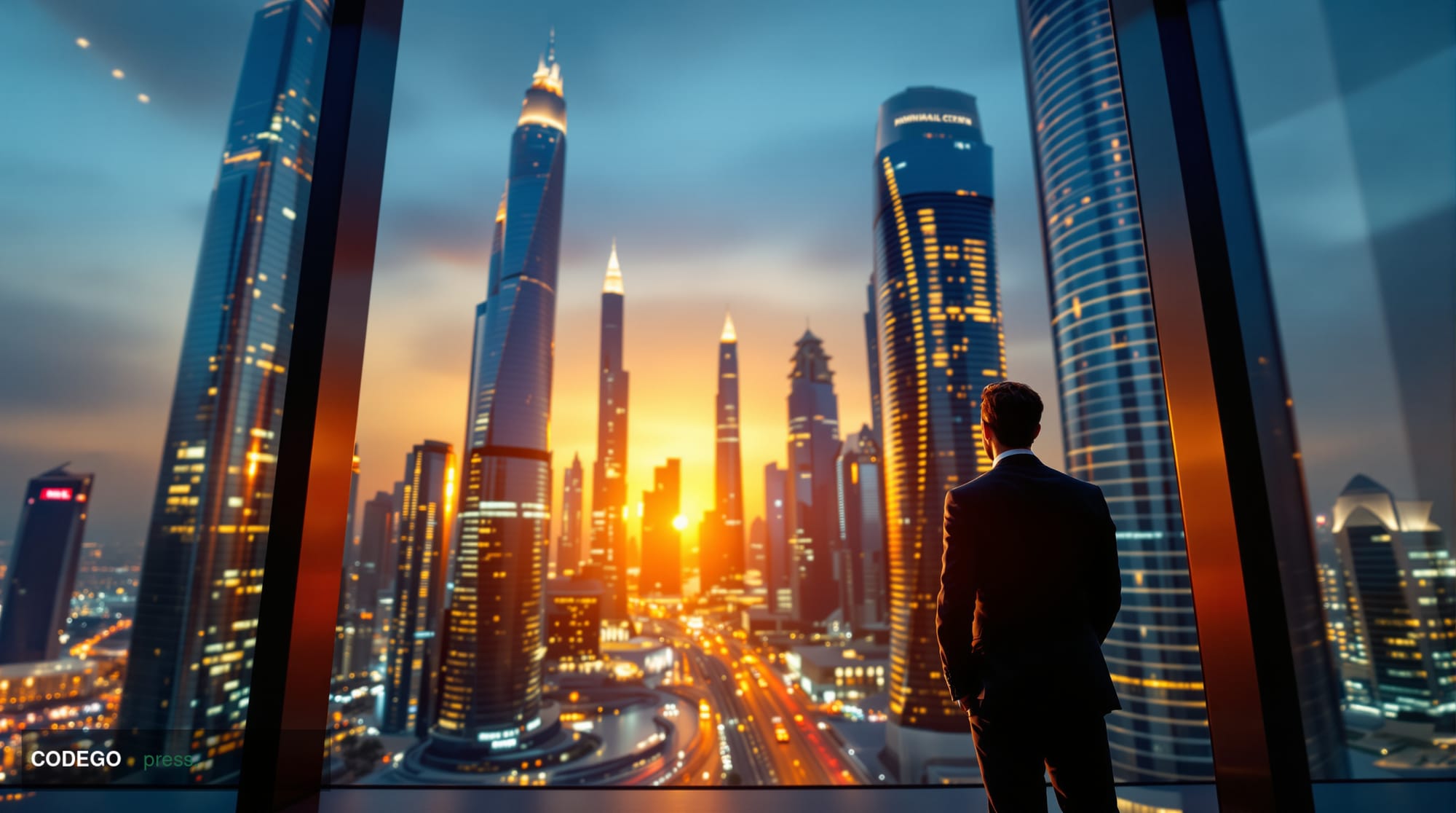 A dramatic cinematic editorial photograph of the Dubai International Financial Centre skyline at golden hour, shot from a low