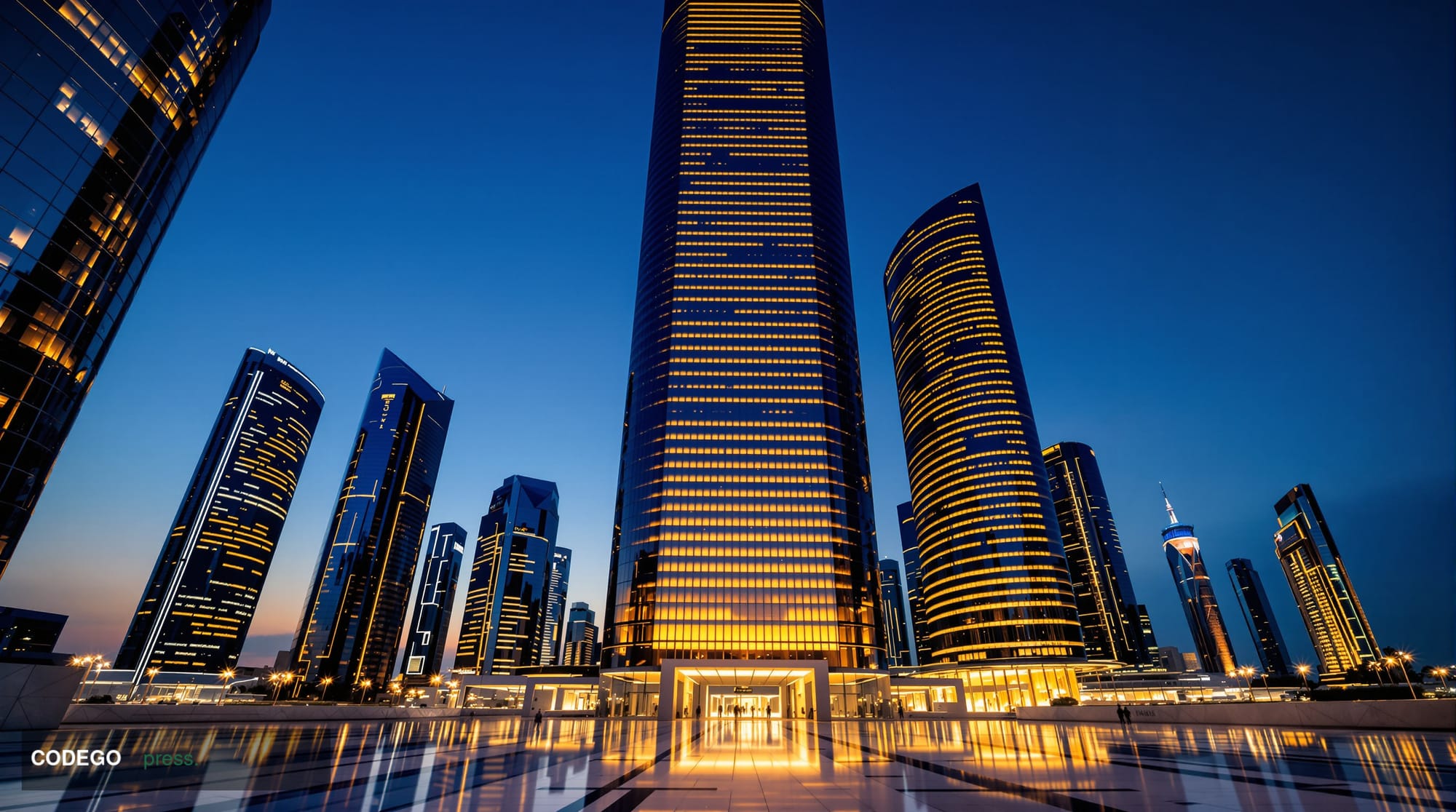 A cinematic editorial photograph of the Dubai International Financial Centre skyline at dusk, shot from a low angle looking u