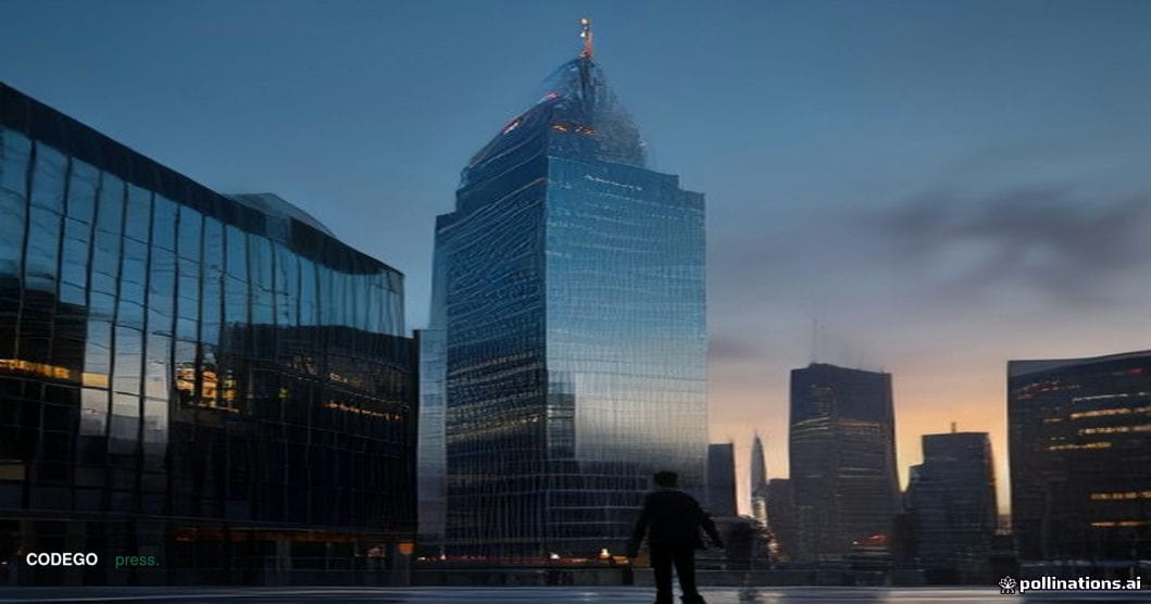 A photorealistic editorial photograph of a grand, glass-and-steel banking headquarters tower at dusk in the City of London fi