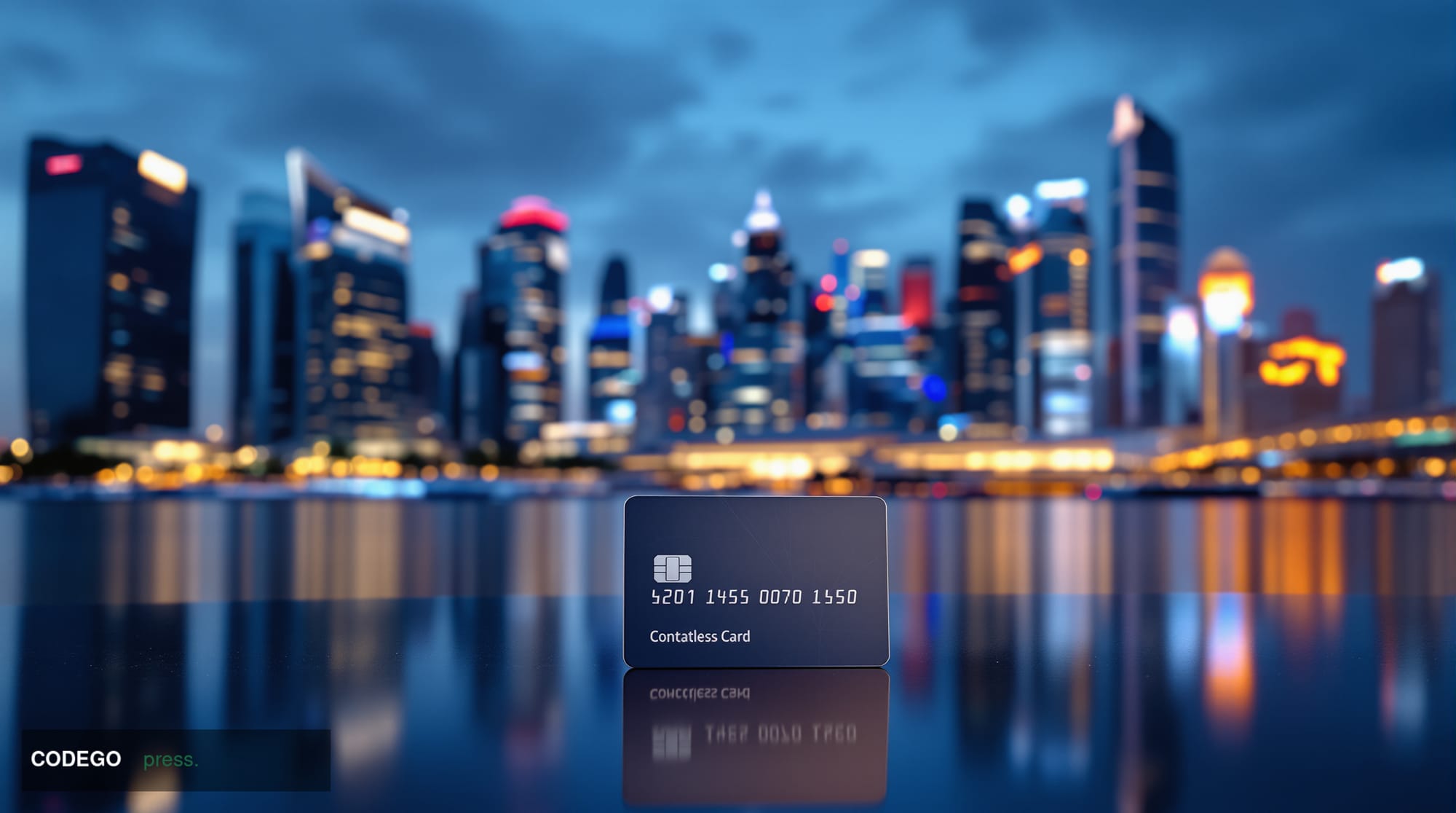 A cinematic editorial photograph of a sleek, modern Singapore financial district waterfront at dusk, with the iconic Marina B