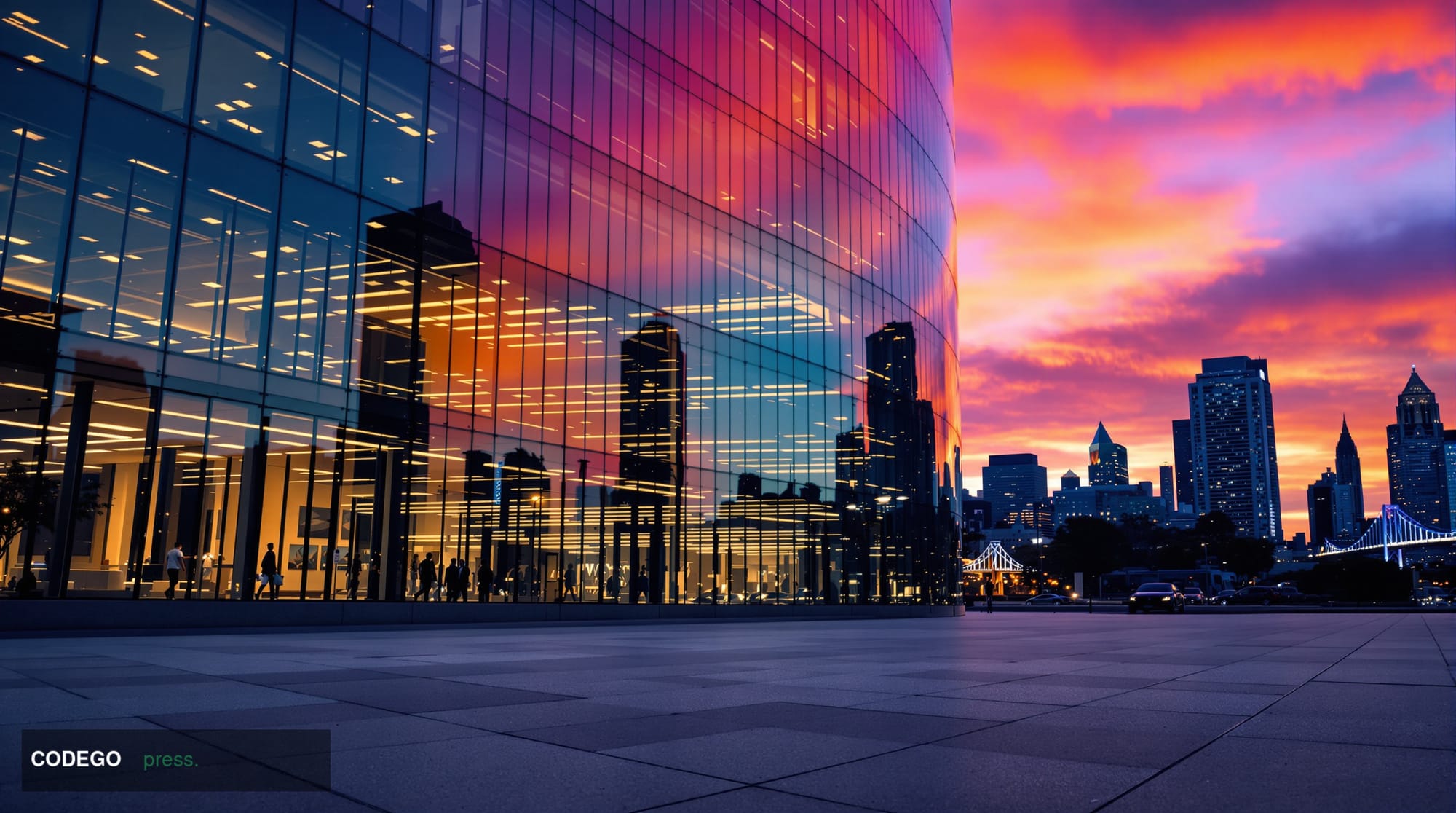 A cinematic editorial photograph shot from a low angle looking up at a sleek, modern glass-and-steel corporate technology cam