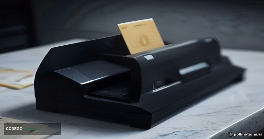 A cinematic editorial photograph of a sleek, modern payments terminal on a polished dark marble counter, with multiple physic
