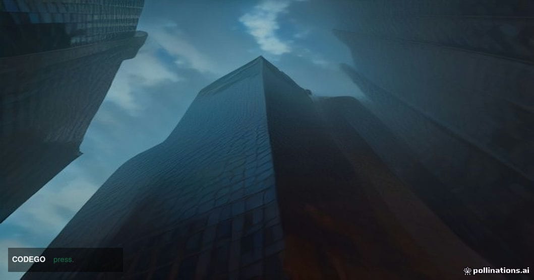 A dramatic cinematic editorial photograph shot from a low angle looking up at a modern glass-and-steel financial district sky