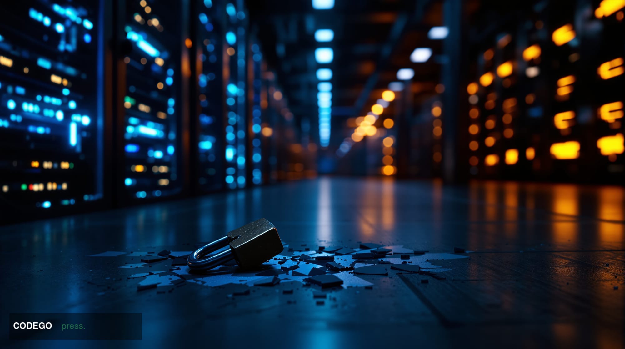 A cinematic editorial photograph shot at a tight medium angle inside a darkened, high-security server infrastructure vault, w