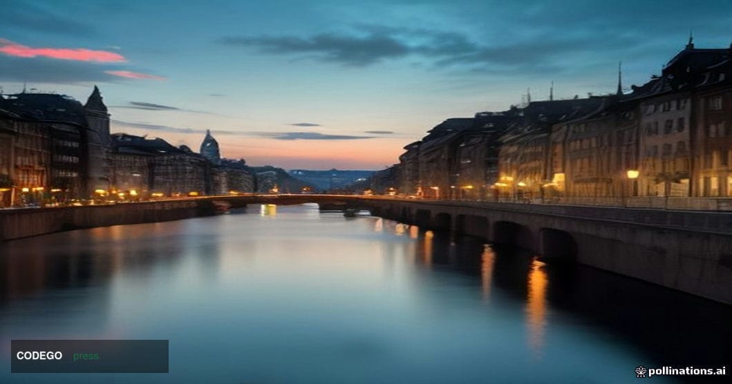 A sweeping cinematic editorial photograph of Zurich's iconic financial district skyline at golden hour, shot from a low angle