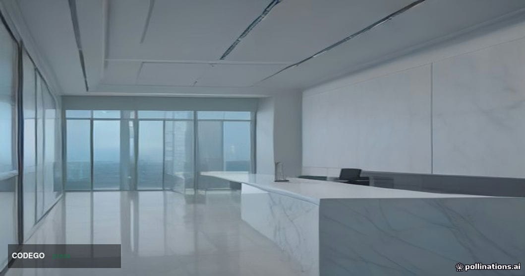 A cinematic editorial photograph set inside a sleek Swiss bank or financial institution's interior — polished white marble fl