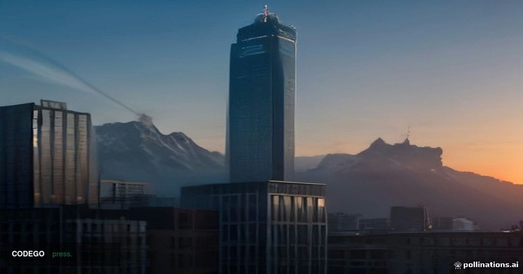 A photorealistic editorial photograph of the SIX Swiss Exchange's modernist glass headquarters in Zurich, Switzerland, shot f