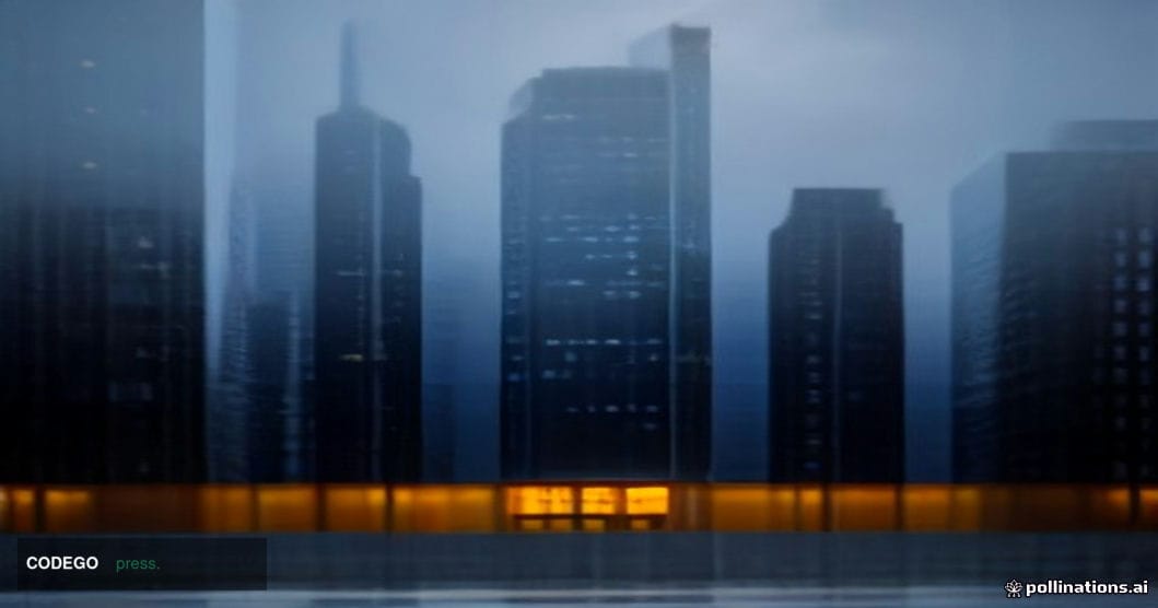 A sweeping cinematic exterior shot of a grand Swiss financial district building in Zurich at dusk, glass facades reflecting t