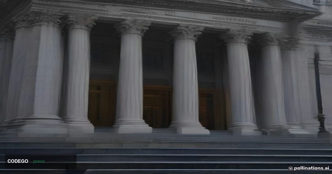 A dramatic cinematic editorial photograph of a grand neoclassical financial district building exterior — evoking the gravitas