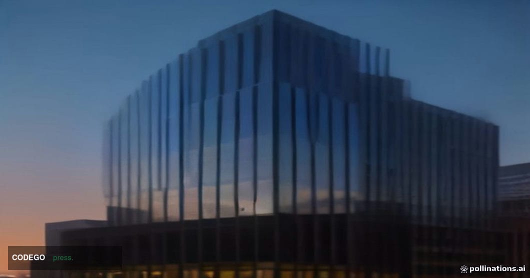 A cinematic editorial photograph of a modern glass-and-steel bank headquarters building in downtown Denver, Colorado, shot fr