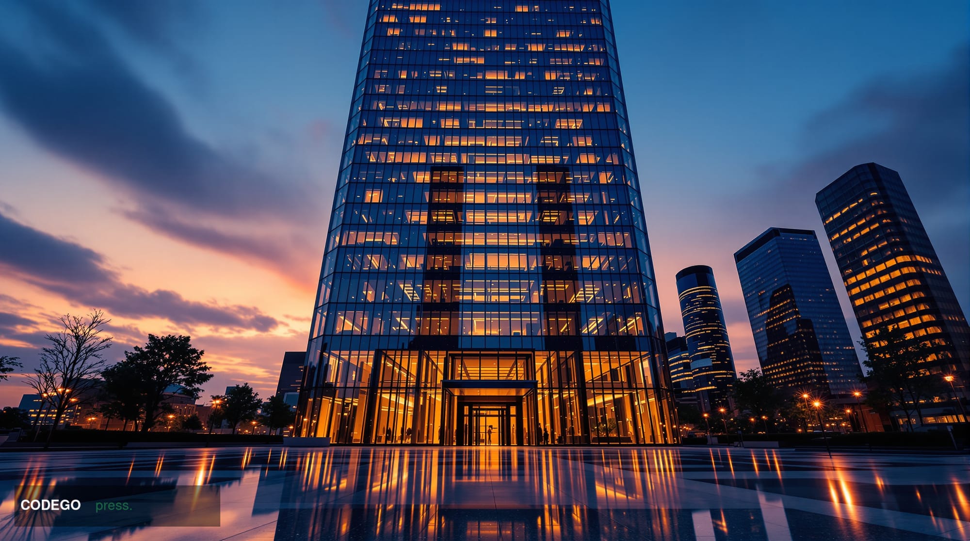 A dramatic cinematic editorial photograph shot from a low angle looking up at a sleek modern financial district glass tower a