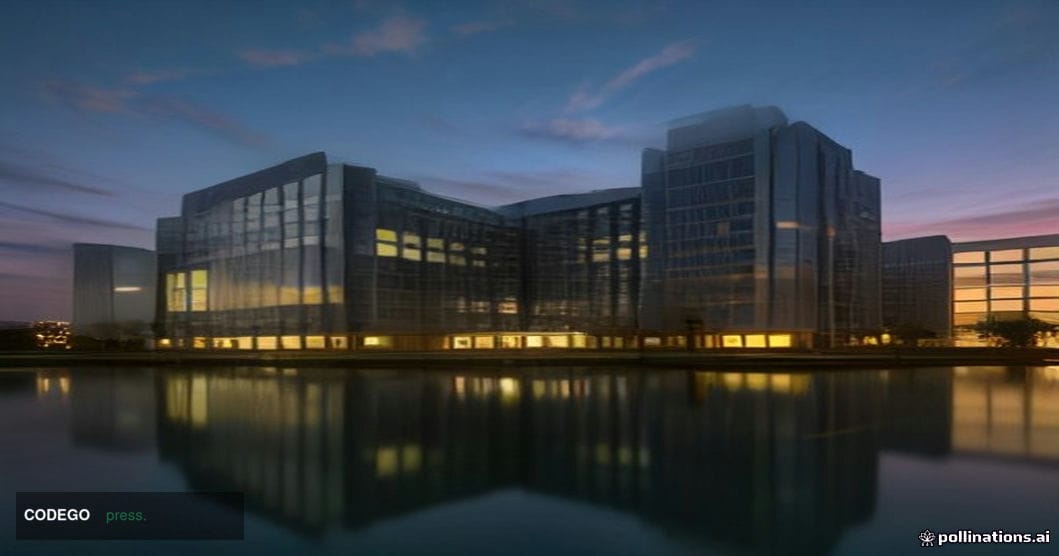 A sweeping exterior view of a modern Indian corporate technology campus at golden-hour dusk, glass-and-steel towers reflectin